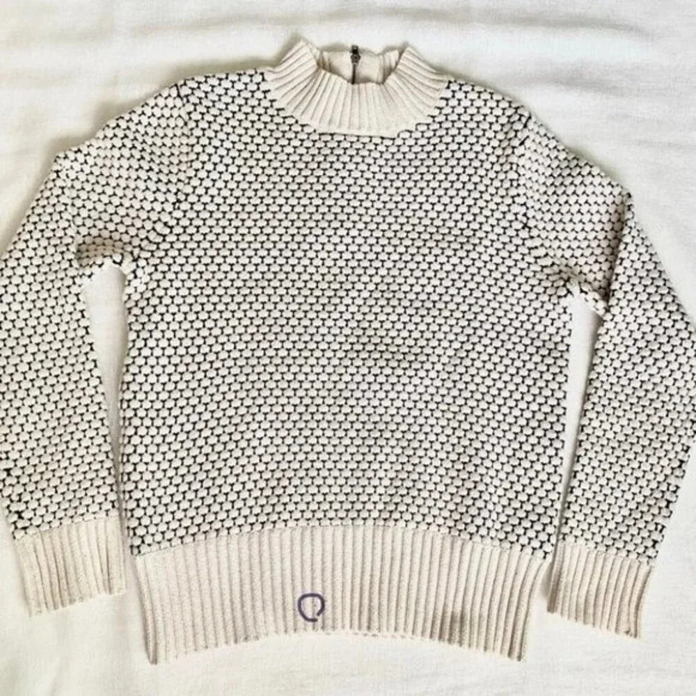 BR Honey Comb Mock Neck White Navy Sweater Cotton Wool blend Size S